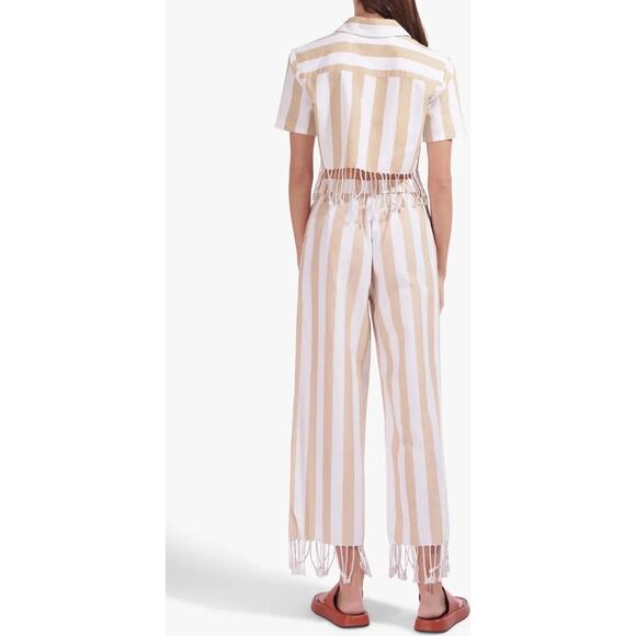 Staud Zuma Cabana Stripe Fringe Hem Beige White Cotton & Linen Pants Size 10 NWT - Picture 2 of 6